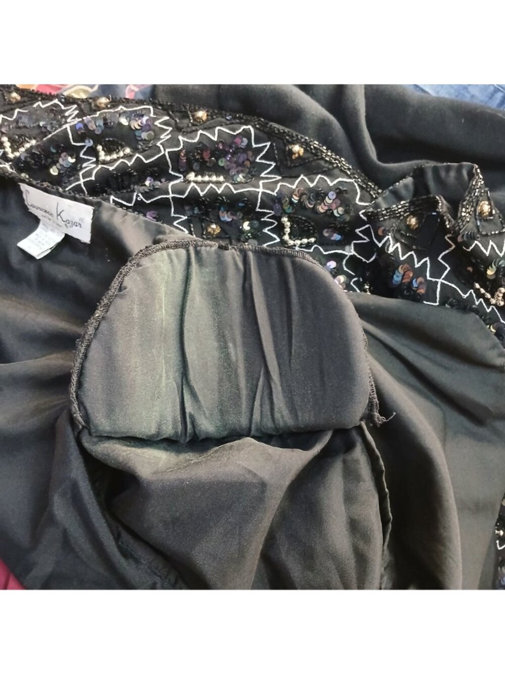 VTG Laurence Kazar Sz L Black Silver 100% Silk Sequin Bead Jacket Formal  #T-27 - Picture 8 of 12